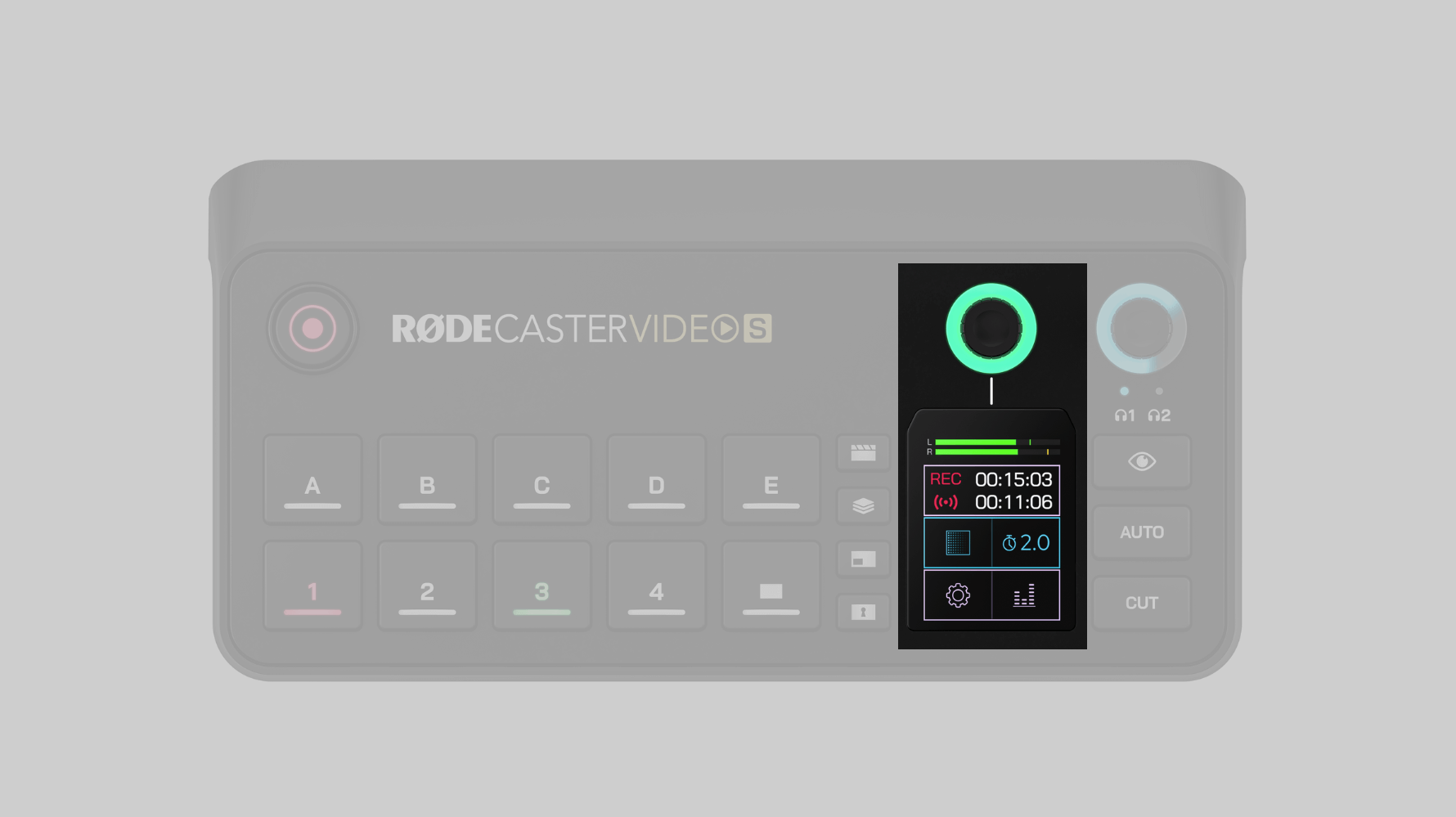 RØDECaster Video S transition timing interface with touchscreen and encoder